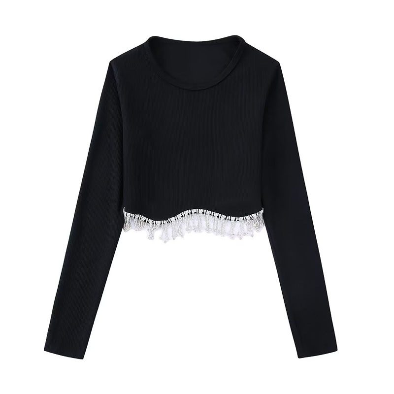 2022 New Fashion Jewel-embellished Knitted Cropped Pullover Vintage Long-Sleeve Crew Neck Female Sweater Chic Tops alx