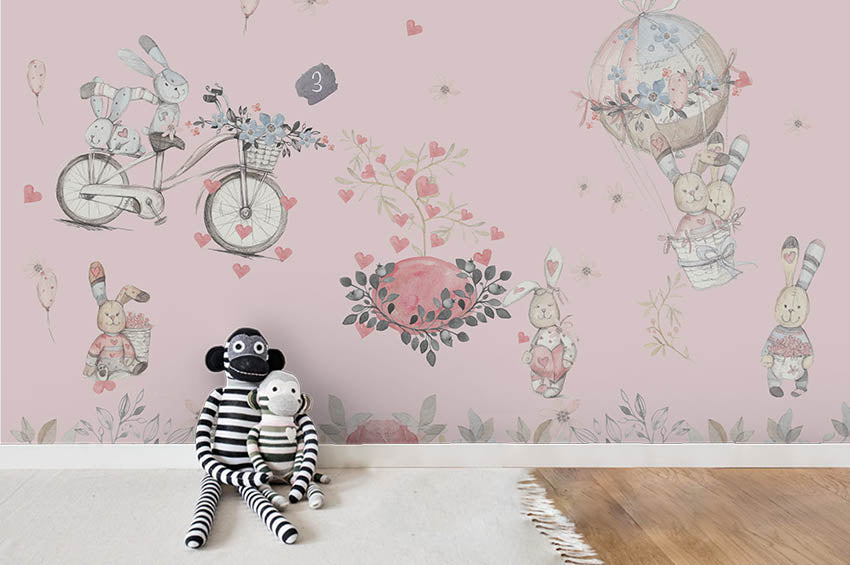 3D Cartoon Pink Animal Hot Air Balloon Wall Mural Wallpaper Lqh 85