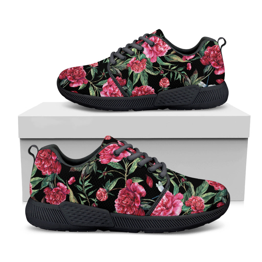 Watercolor Peony Pattern Print Black Athletic Shoes