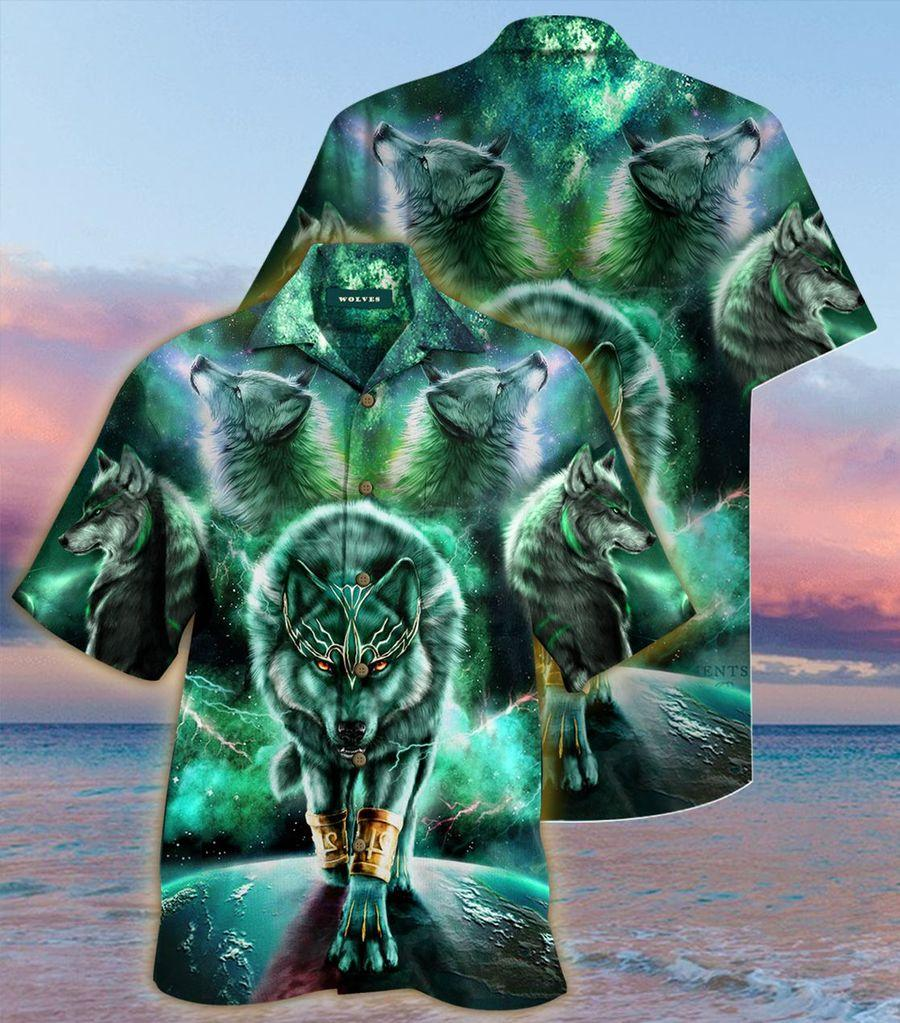 Green King Wolf Hawaii Unisex Print Aloha Short Sleeve Casual Shirt Ha32538