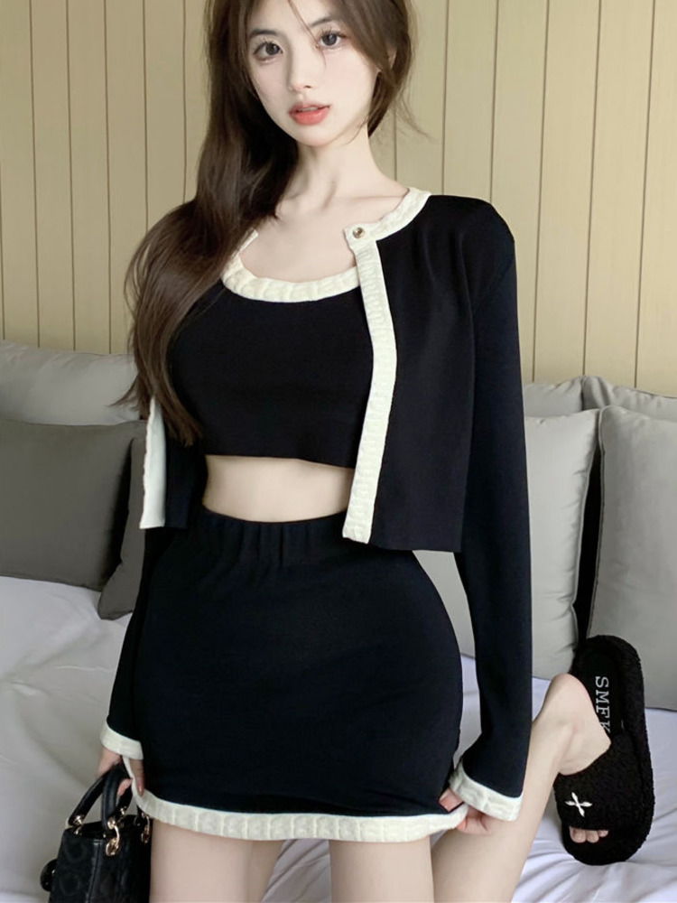 2022 Spring New Korean Casual Three Piece Set Women Cardigan Coat + Vest + Skirts Suits Elegant Girls 3pcs Sets Women Outfits alx