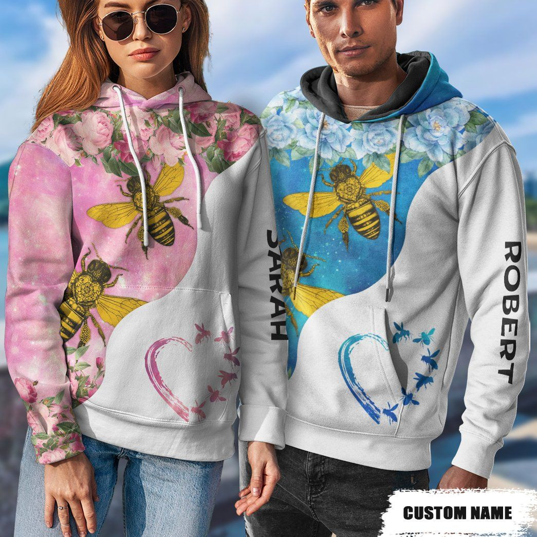 3D Bee Love Blue Heart Custom Name Tshirt Hoodie Apparel