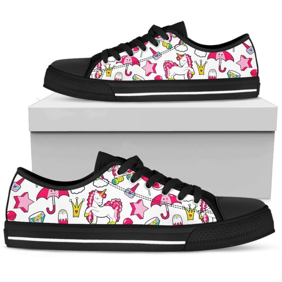 White Girly Unicorn Pattern Print Men’s Low Top Shoes