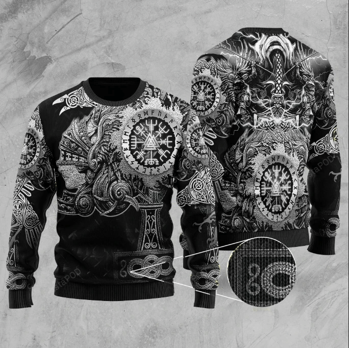 Viking Valkyrie Valknut Vegvisir With Mjolnir Ugly Christmas Sweater, All Over Print Sweatshirt