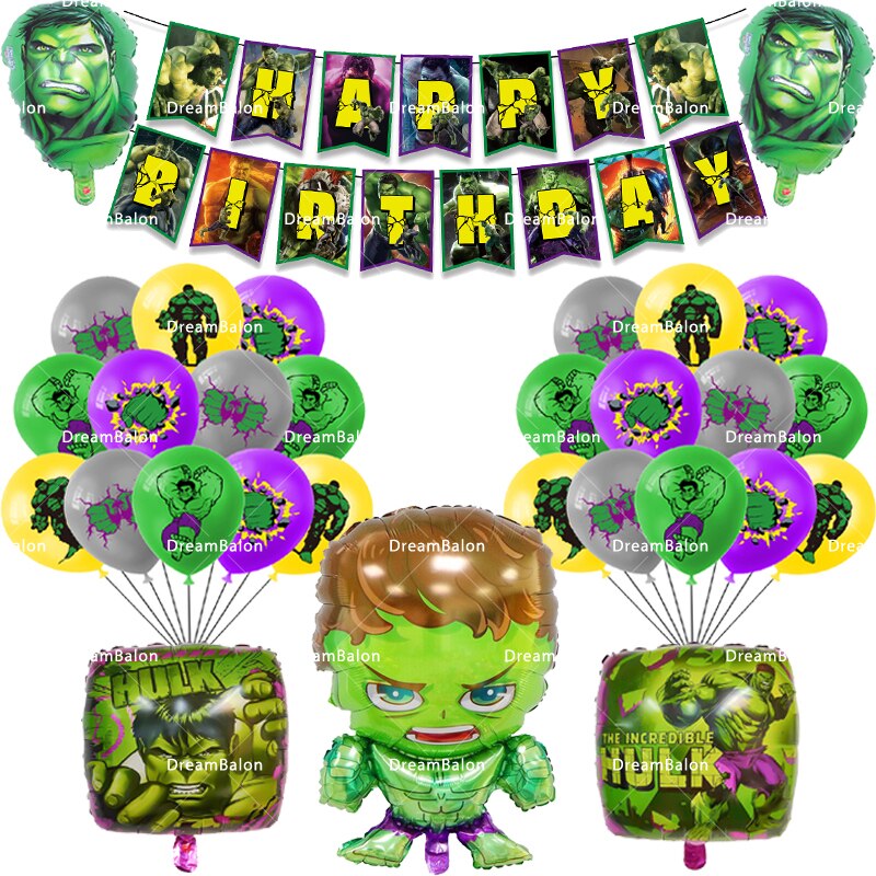 1Set Hulk Latex Balloons Super Hero Foil Ballons Green Happy Birthday Banner Party Decorations Flag Kids Boy Baby Shower Gifts alx