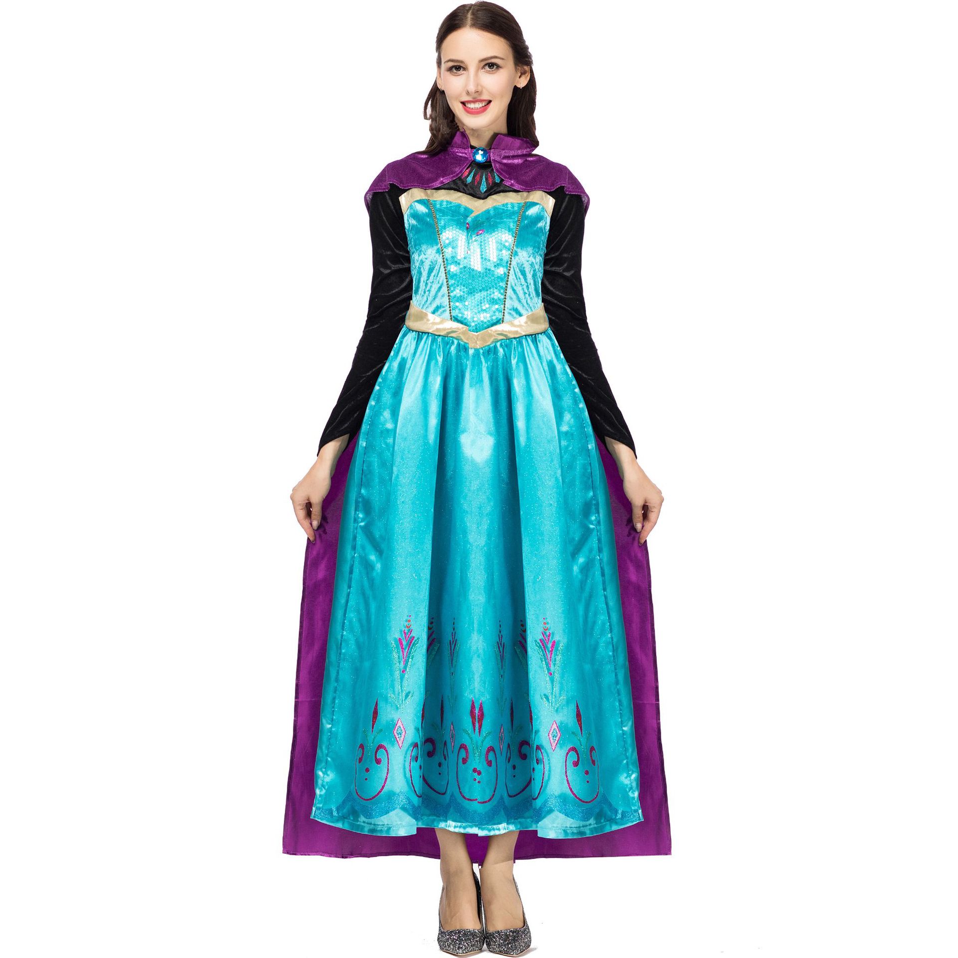 With cloak Sequin Anna Cosplay Costume Snow Queen Princess Costume Halloween costume Elsa Anna Princess Dresses for Adul alx