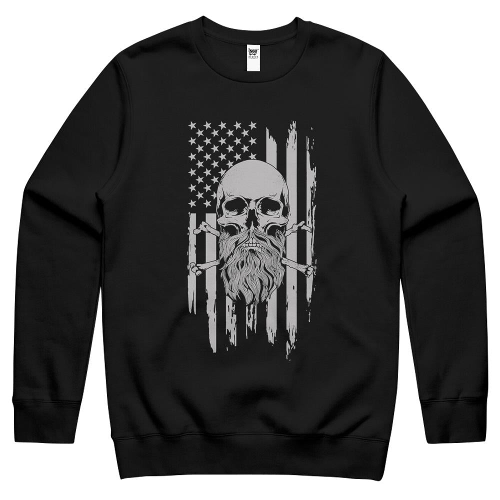 American Bearded Skull And Crossbones Flag Crewneck Sweatshirt