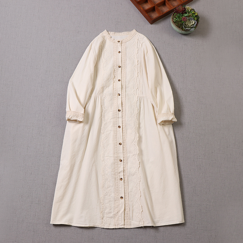 Spring Japanese Style O-Neck Literary Dress Lace Embroidery Loose cotton linen Women Long Sleeve Dress 2022 alx