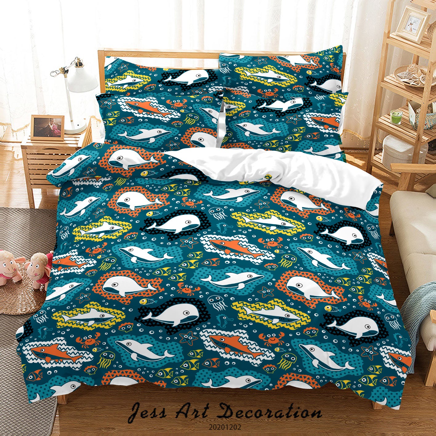 3D Cartoon Hand Drawn Colorful Ocean Whale Shark Fish Quilt Cover Set Bedding Set Duvet Cover Pillowcases Lxl