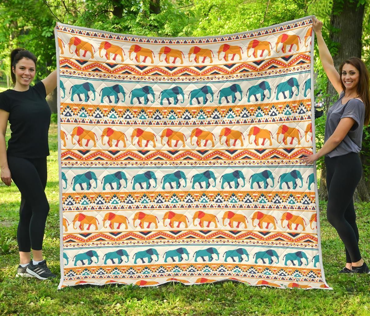 Animal  Orange And Blue Elephants  Quilt Blanket