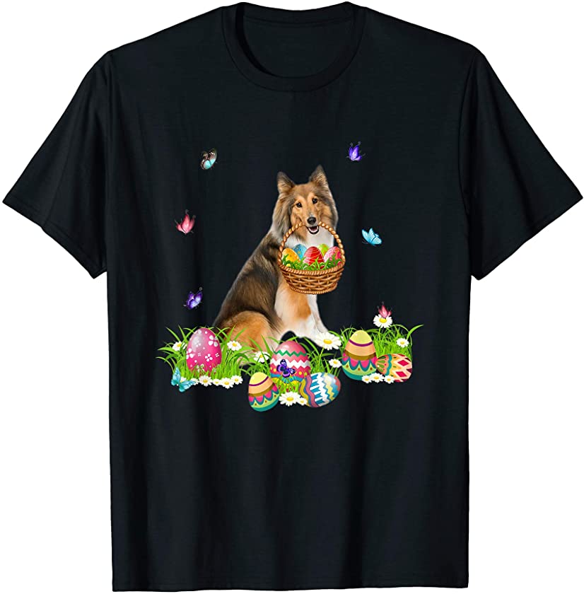 Sheltie Bunny Dog With Easter Eggs Basket Butterflies T-Shirt