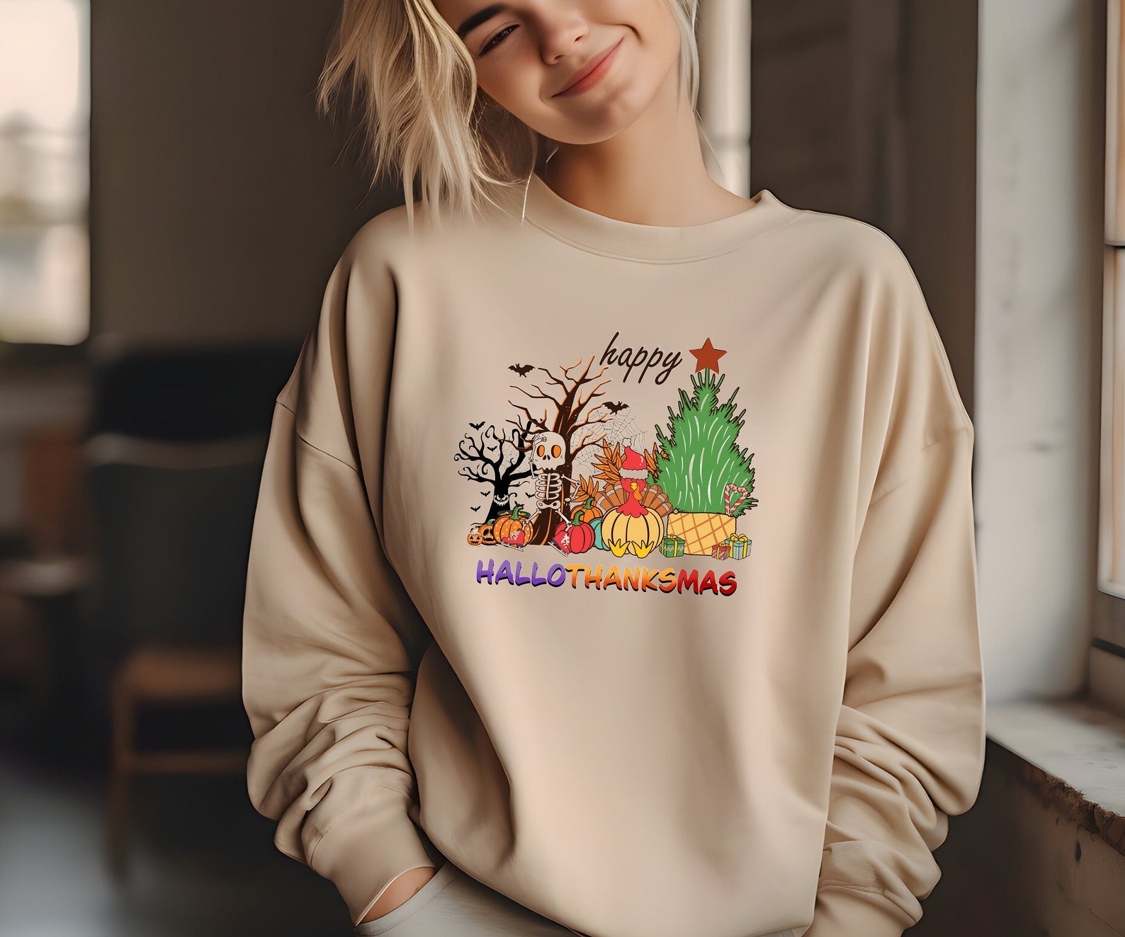 Happy Hallothanksmas Sweatshirt Halloween 2D Crewneck Sweatshirt All Over Print Sweatshirt For Women Sweatshirt For Men Sws3641