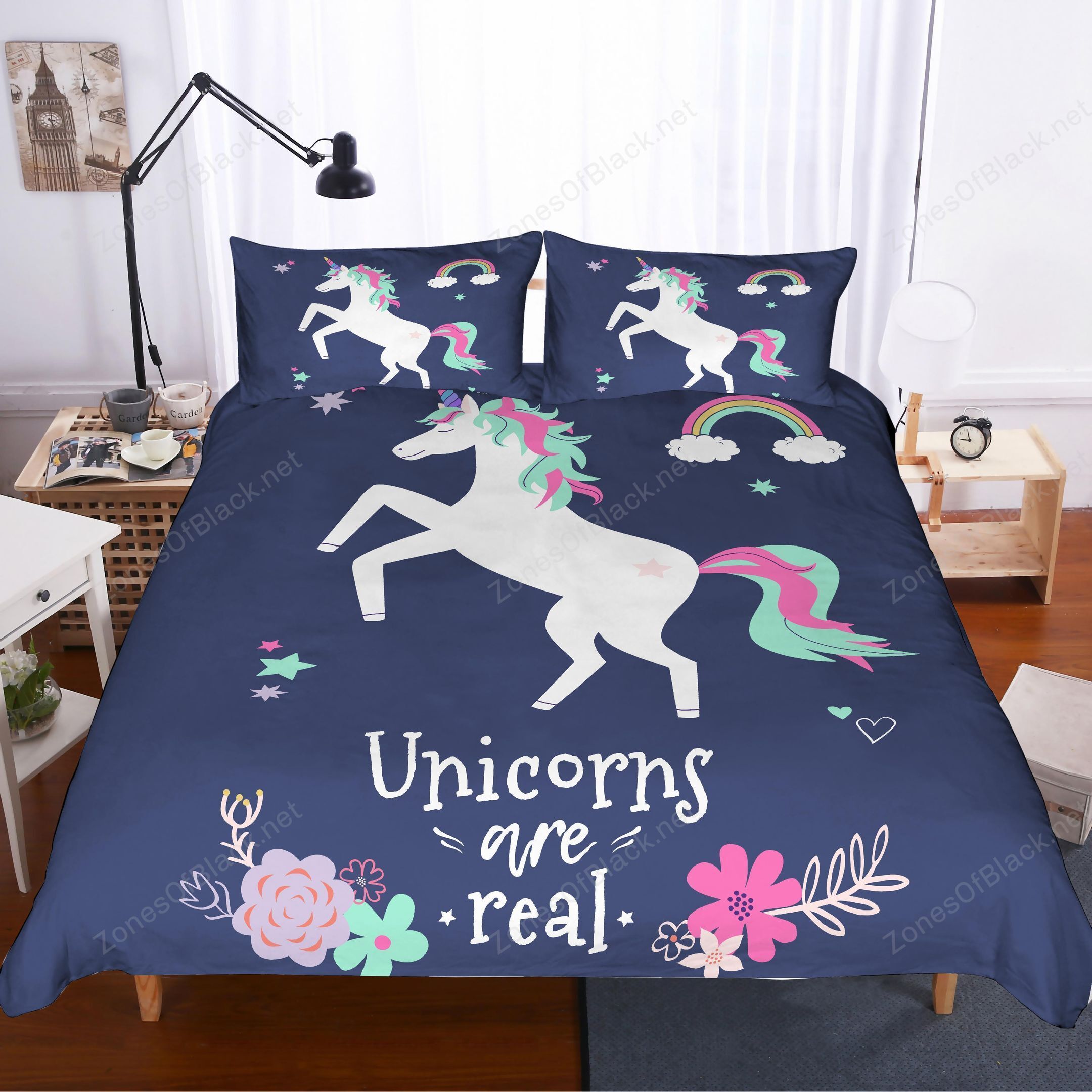 3D Black Unicorn Floral Bedding Set Bedroom Decor