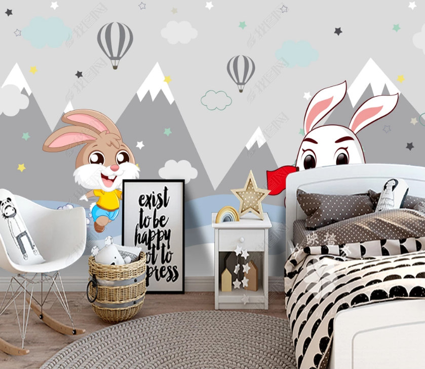 3D Cartoon Animal Bunny Mountain Hot Air Balloon Wall Mural Wallpaper Lqh 32