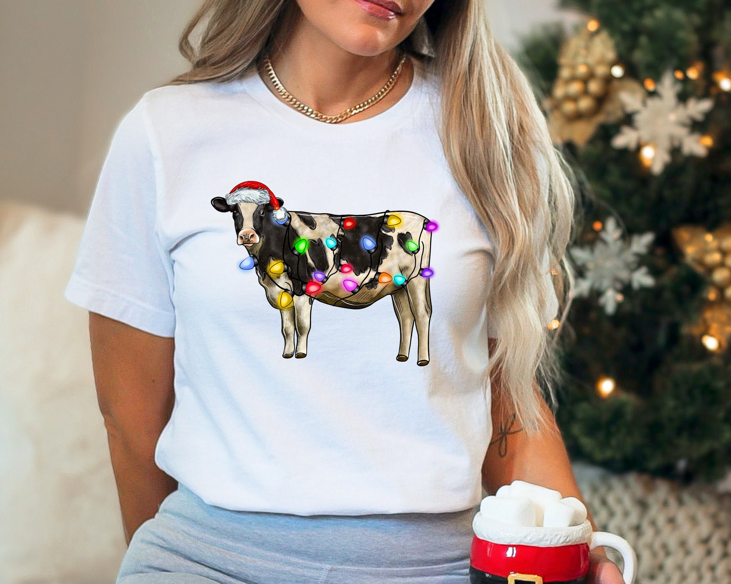 Christmas Shirt, Cute Cow Christmas Shirt, Merry Christmas, Holiday Gift, Happy New Year, Christmas Gift, Christmas Light