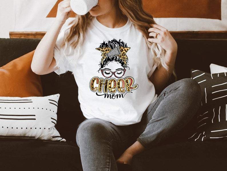 Cheer Mom Shirt, Cheer Mom T-Shirt, Cheer Mom Gift Idea, Leopard Bandana Messy Bun Shirt, Mom Life, Mother’S Day Shirt, Mother’S Day Gift