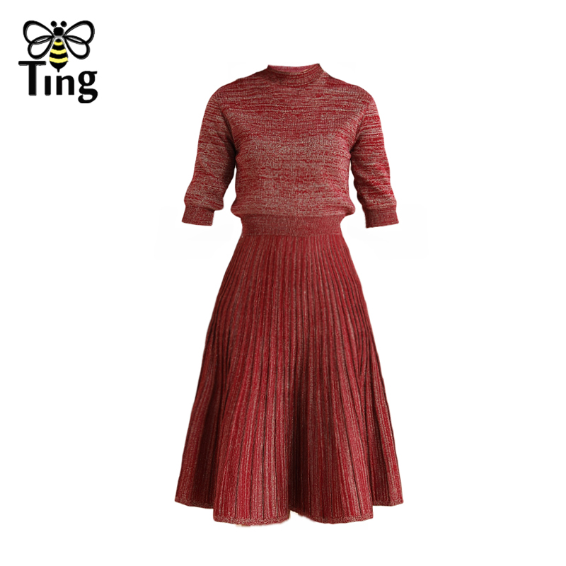 Tingfly Vintage Elegant Glitter Knitting Pullovers Sweater & Pleated Knee Length Skirts Women Sets Fashion Casual Lady 2 pcs Set alx