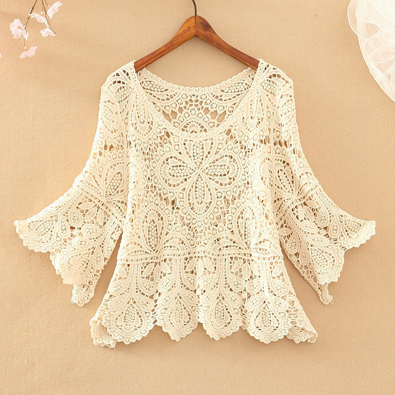 Small coat female crochet hollow five-point sleeve top sweater o neck knitted pullover alx