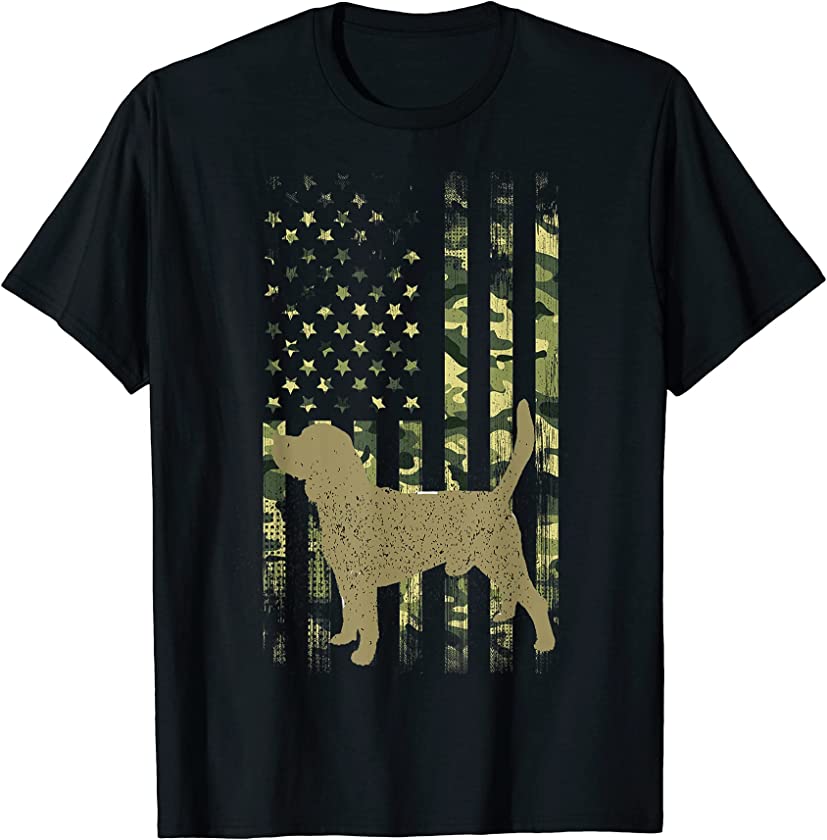 Vintage Hunting Dog Camouflage Americain Flag English Beagle T-Shirt