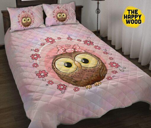 Owl Flower Animation Pink Style Quilt Bed Set And Pillow Covers