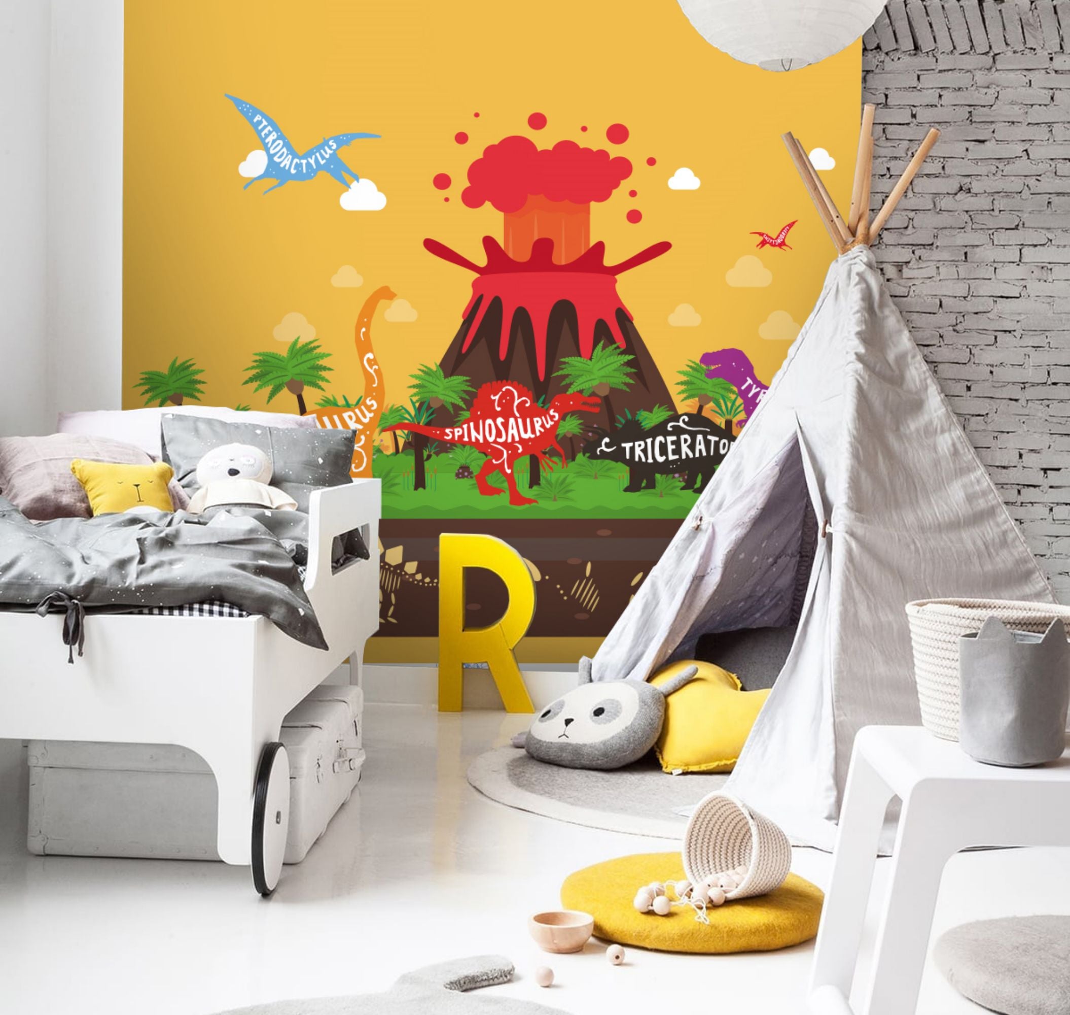 3D Hand Drawn Cartoon Dinosaur Volcano Coconut Tree Bones Wall Mural Wallpaper Gd 1885