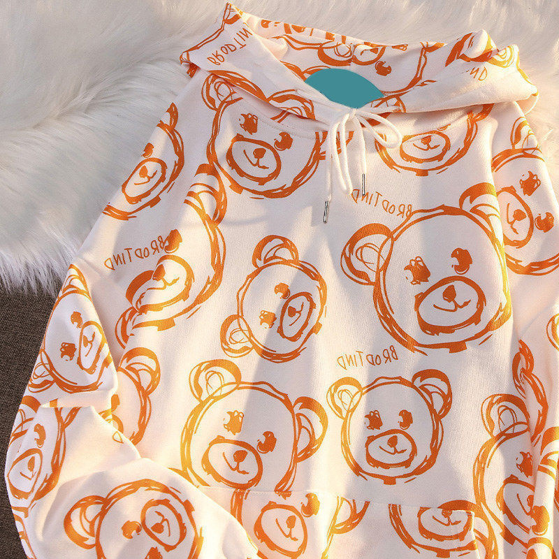 Bear Hoodie Female Student 2021 Autumn Full Print Design Oversize Women Warm Cute Orange Sweatshirt Harajuku Vintage Pullover alx