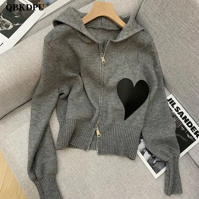 Chic Love Applique Casual Zip Up Knitted Cardigan Women Spring Fashion Hooded Cropped Sweater Korean Long Sleeve Knitwear Tops alx