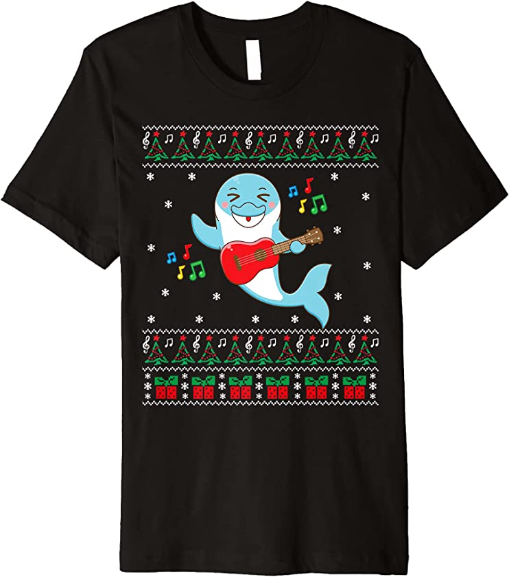 Dolphin Ugly Christmas Sweater Guitar Xmas Family Matching Premium T-Shirt