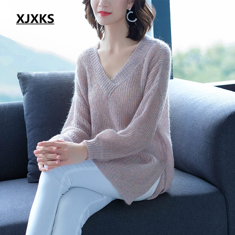 XJXKS Women Sweater Loose Pullover Knitted V neck Solid Color Knit Top Autumn Sweaters Pull Casual Ladies Jumper Tops alx