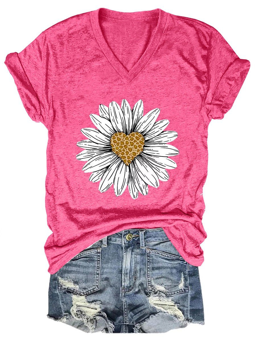 Women’S Leopard Print Heart Daisy Graphic V-Neck T-Shirt