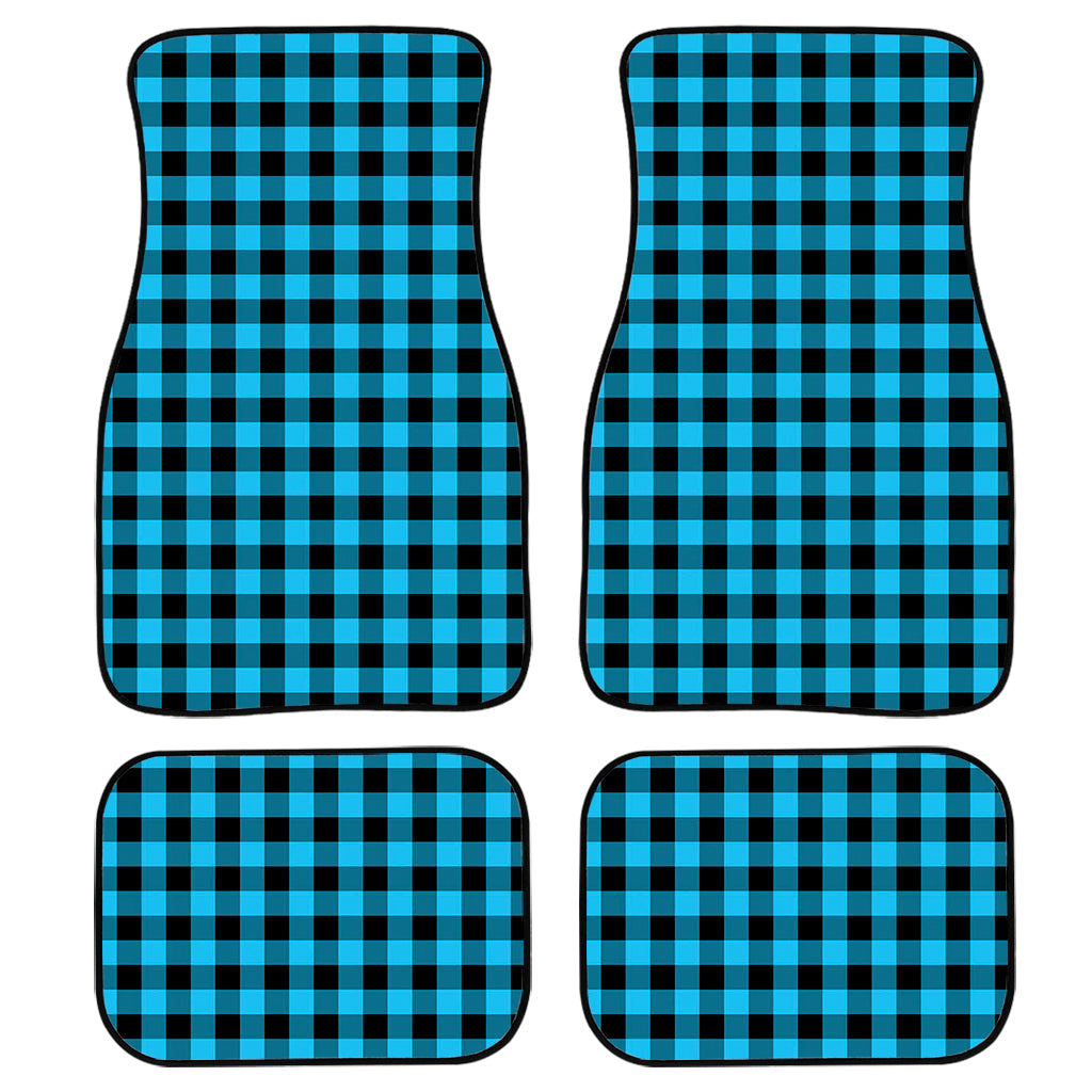 Turquoise And Black Check Pattern Print Front And Back Car Floor Mats, Front Car Mat