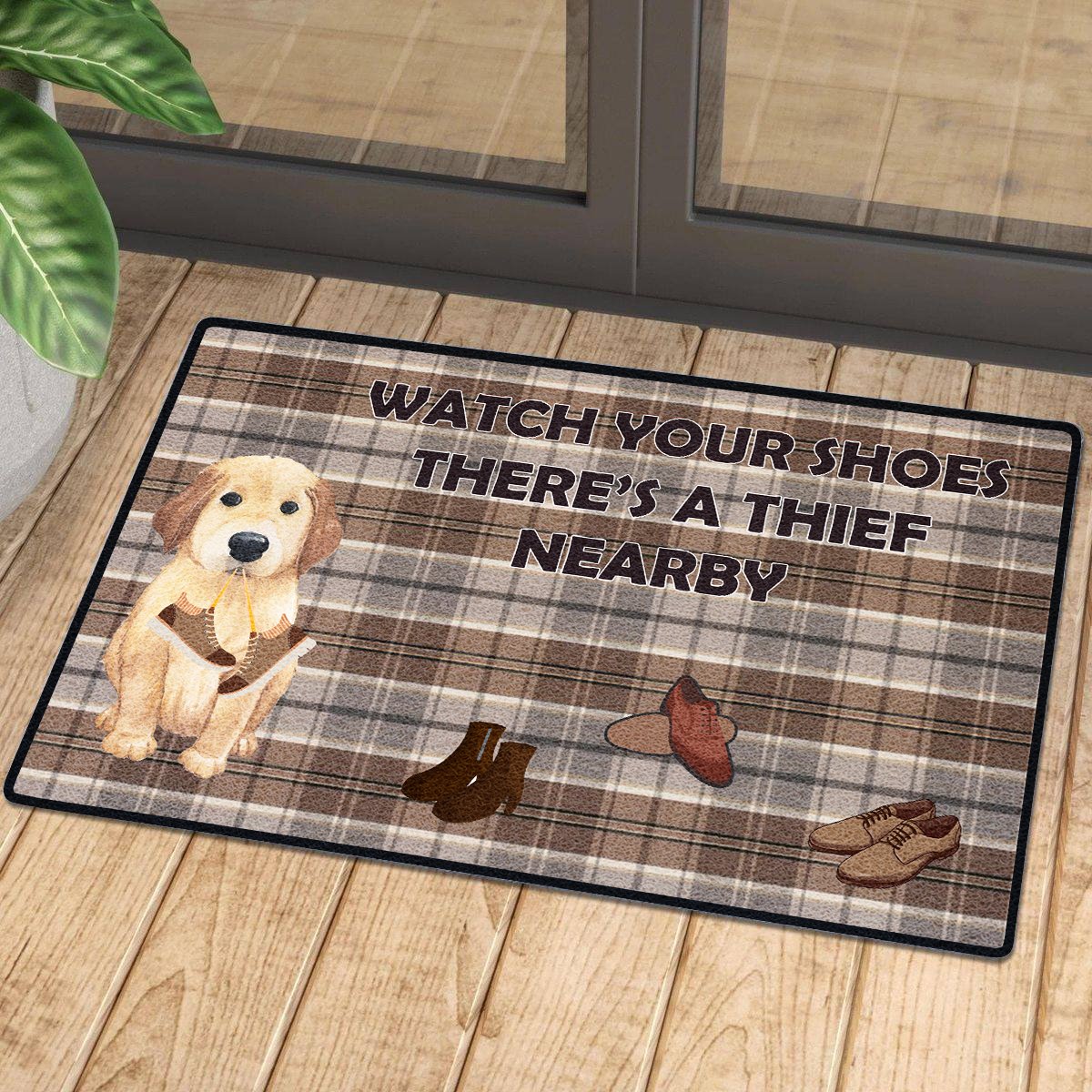 Watch Out Your Shoes Baby Golden Retriever Doormat | Colorful | Size 8X27” 24X36”