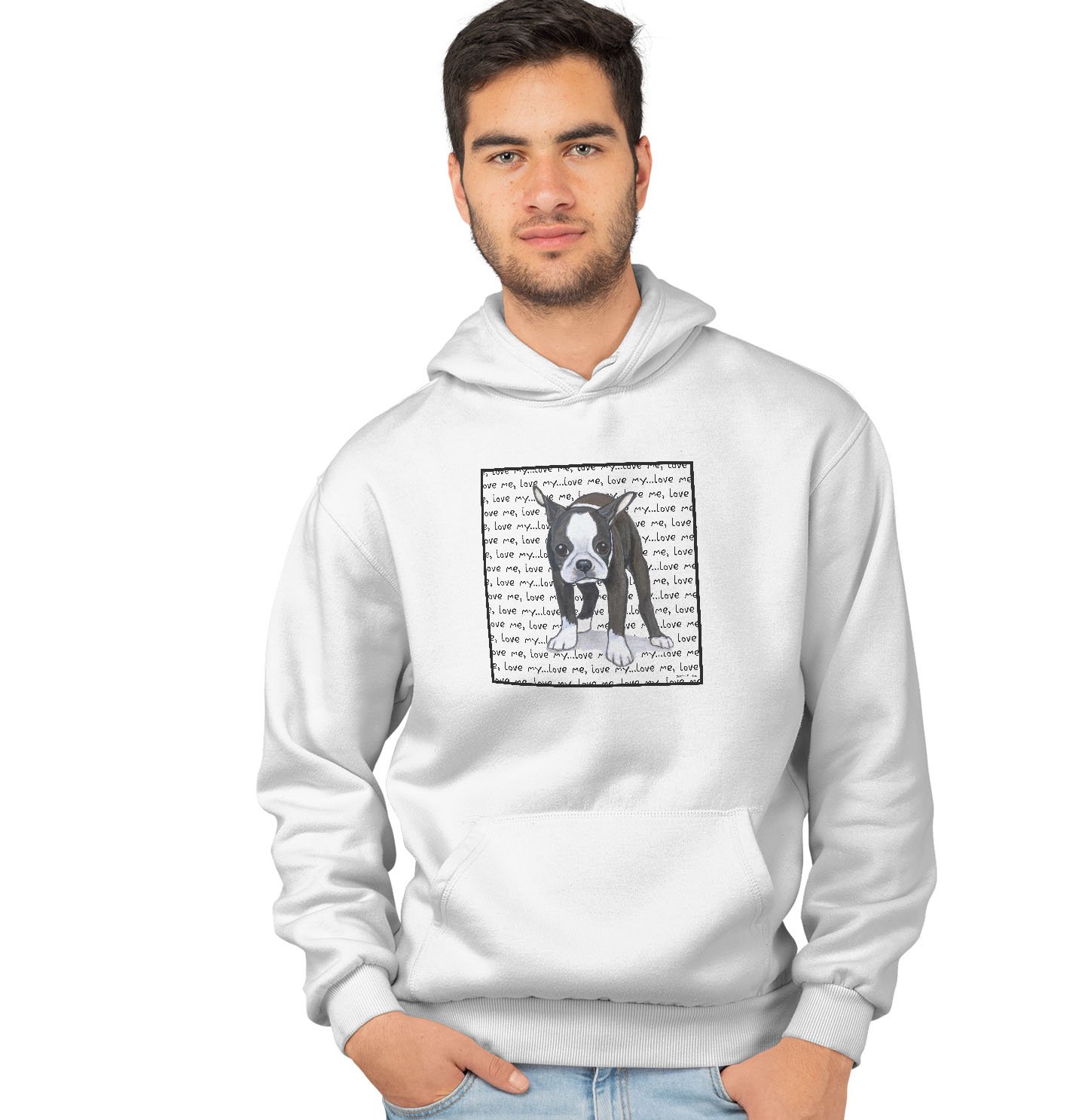 Boston Terrier Puppy Love Text – Adult Unisex Hoodie Sweatshirt