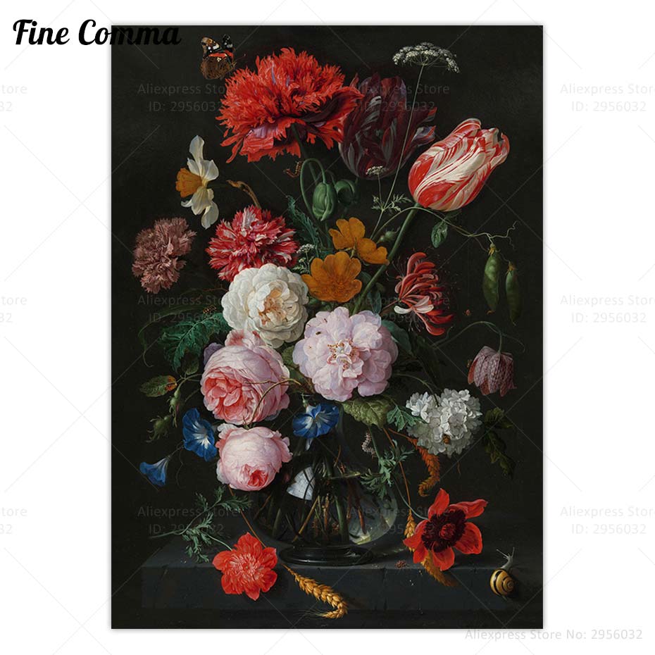 Still Life with Flowers in Glass Vase Jan Davidsz de Heem Vintage Poster Antique Butterfly Painting Wall Art Canvas Print Decor alx