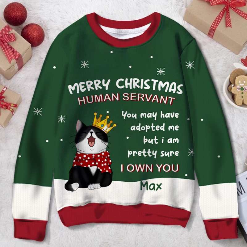 Personalized Merry Christmas Human Servant Christmas Ugly Sweater, Gift For Cat Lovers