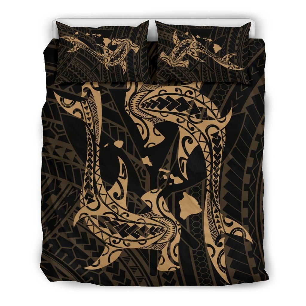 Alohawaii Bedding Set – Cover And Pillow Cases Hawaiian Map Hamerhead Shark Yin Yang Polynesian – Gold – Ah J9