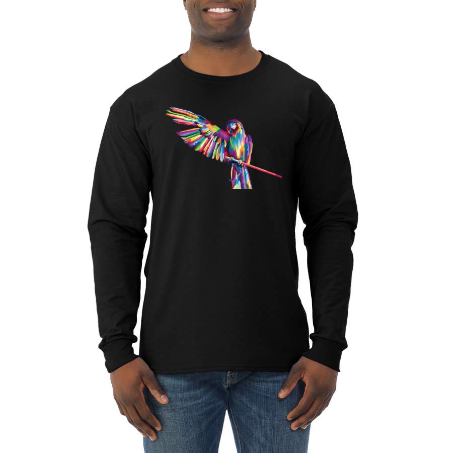 Rainbow Trippy Psychedelic Parrot  Animal Lover Mens Long Sleeve Shirt