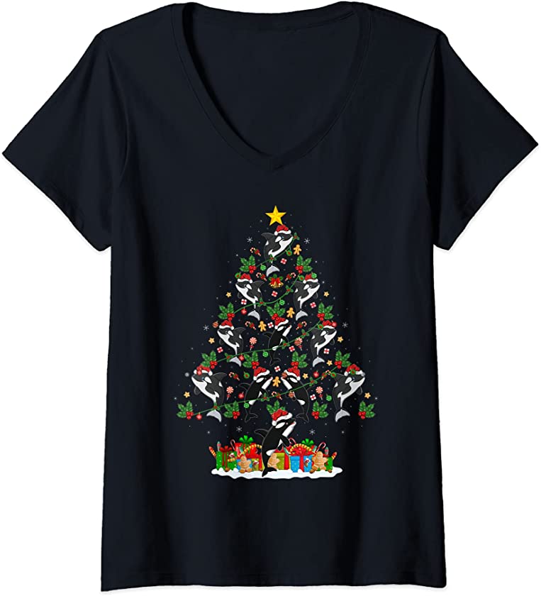 Womens Orca Fish Lover Xmas Lighting Santa Orca Christmas Tree V-Neck T-Shirt