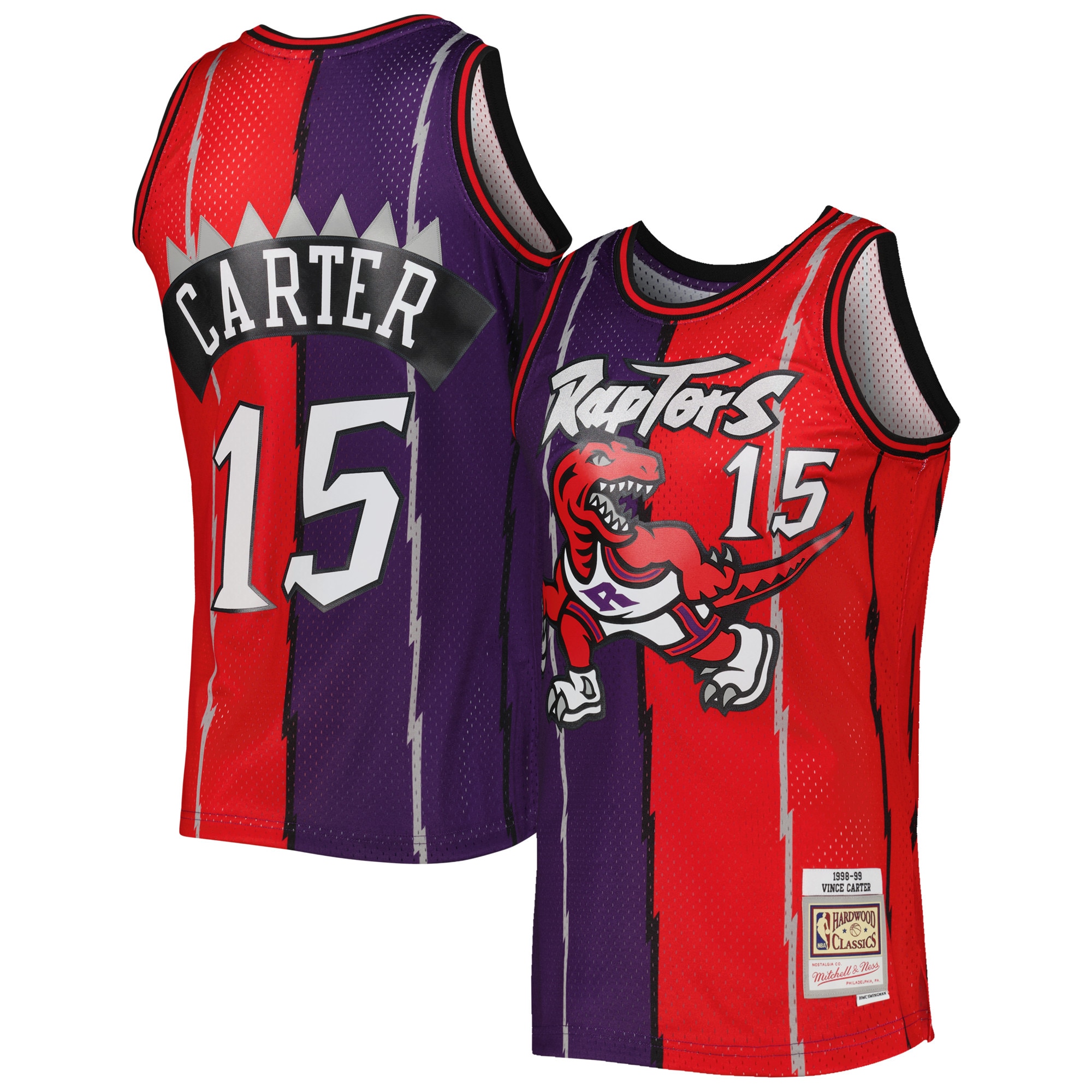 Vince Carter Toronto Raptors Mitchell & Ness Hardwood Classics 1998/99 Split Swingman Jersey – Purple/Red