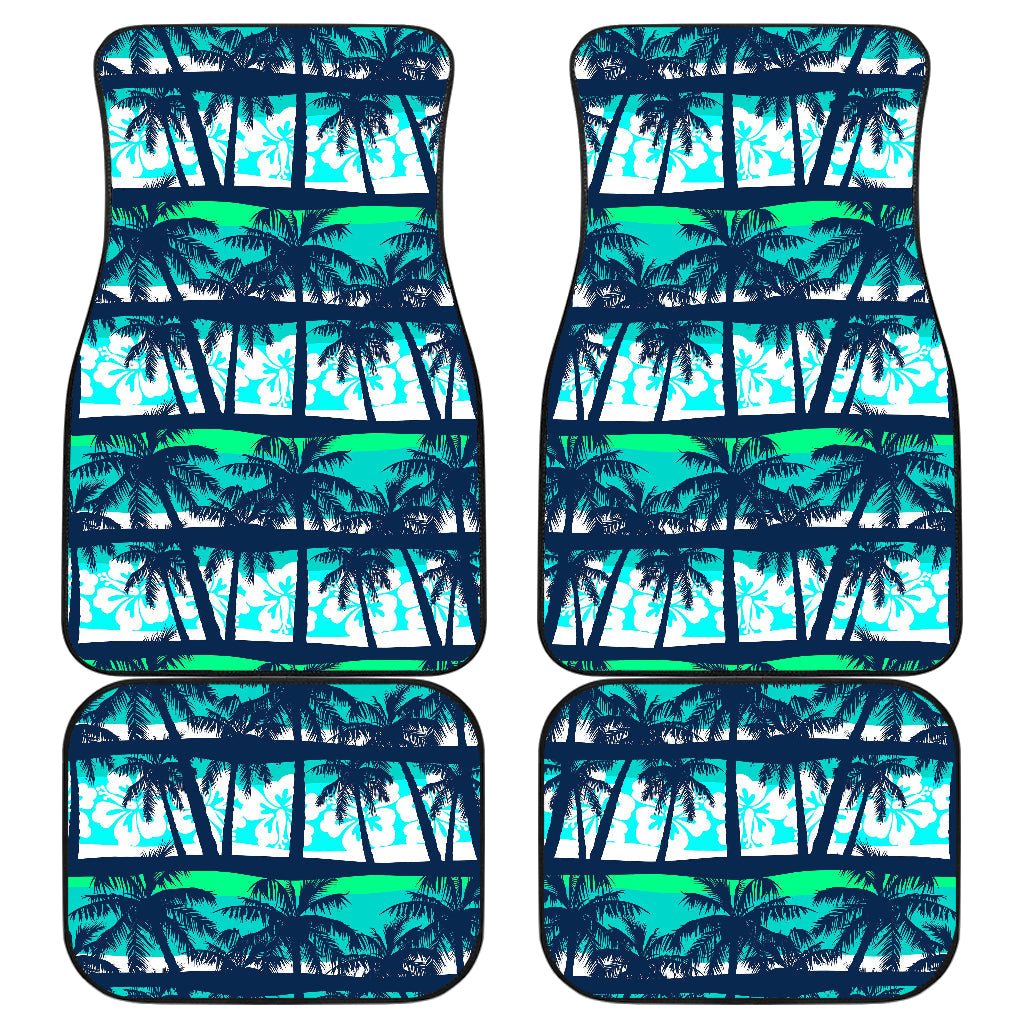 Blue Hibiscus Palm Tree Pattern Print Front And Back Car Floor Mats, Front Car Mat