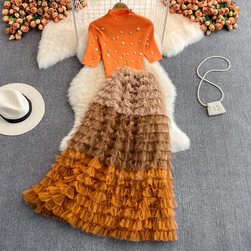 Autumn Winter Christmas Two Piece Knitted Sets Beading Stand Collar Short Sleeve Top + Ball Gown Skirt Woman Sets Suits M69521 alx