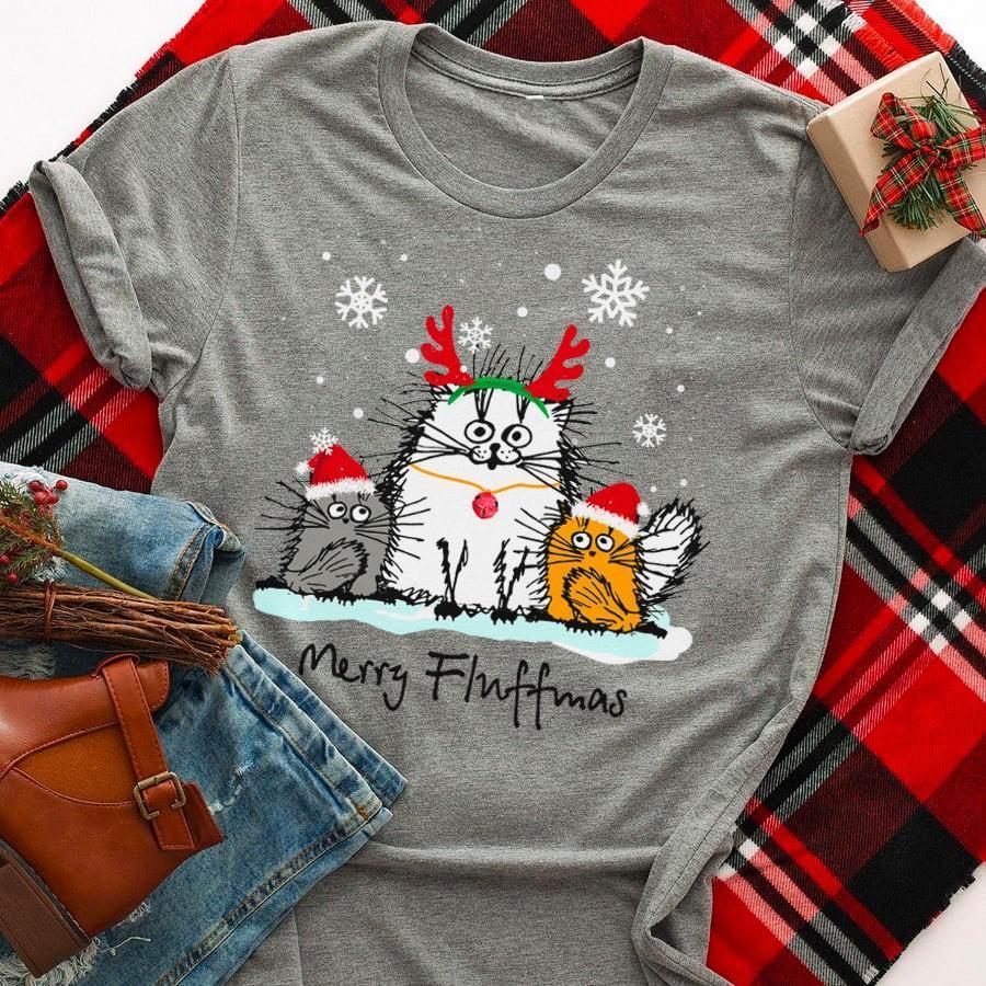 Cat Merry Fluffmas Santa Hat Reindeer Snow Meowy Christmas Kitten Funny Gift Unisex T-Shirt Hoodie Sweatshirt Plus Size S-5Xl