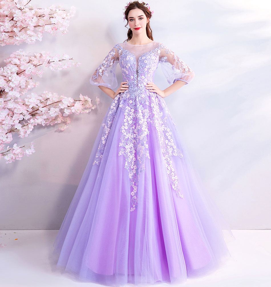 Flower fairy illusion evening dress long embroidery full sleeves Prom gown Junior girls birthday party dress vestido de festa alx
