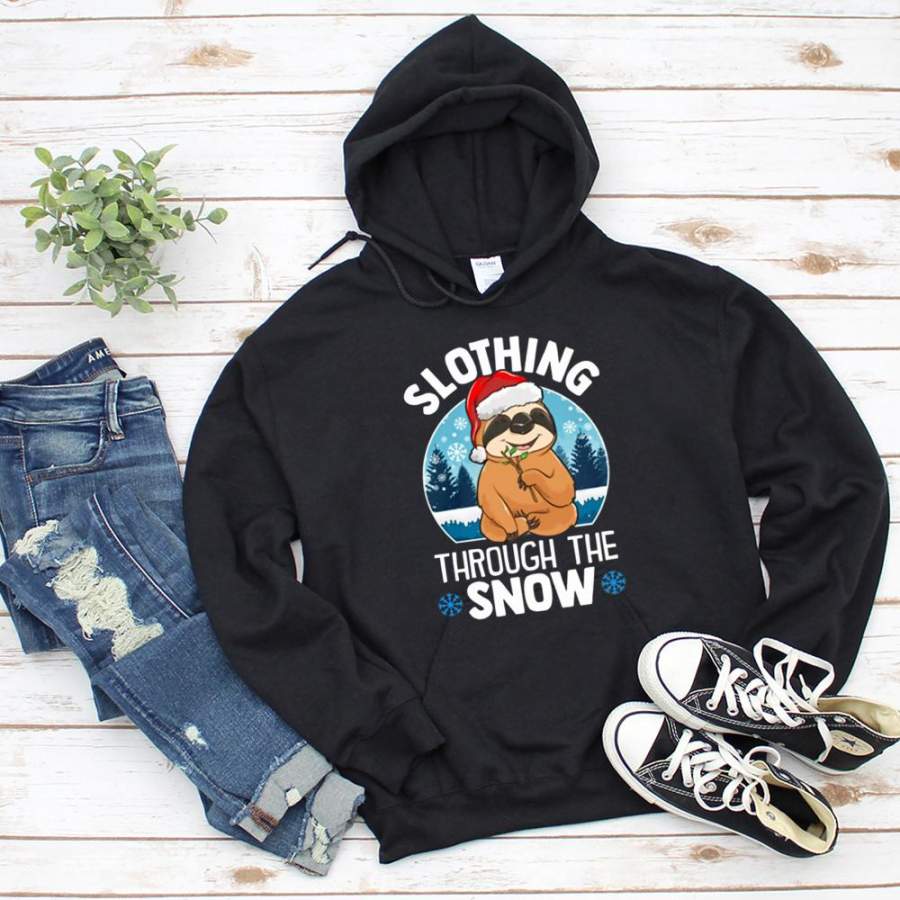 Sloth santa claus slothing through the snow merry christmas in the snow winter black hoodie for men and women S-5XL