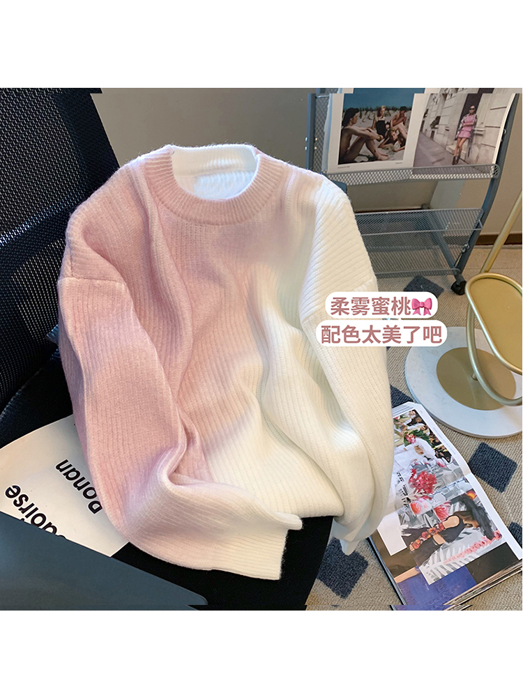 Women Autumn Winter New Crew-neck Vintage Gradient Harajuku Knitwear Jumper Baggy Long Sleeve Thick Knitted Pullover Sweater alx