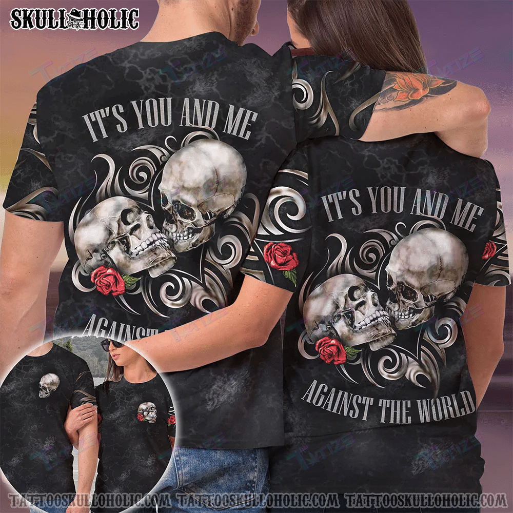 Matching Couple Shirt Against The World Couple Skull 3D All Over Printed Shirt, Sweatshirt, Hoodie, Bomber Jacket Size S – 5Xl