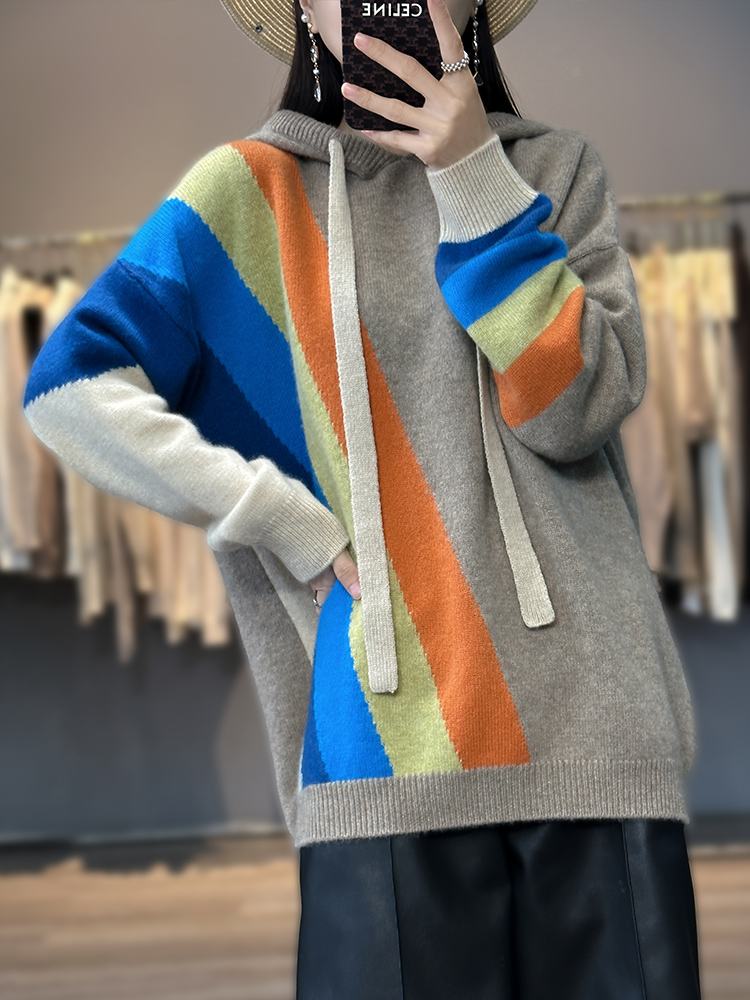 100% Merino Wool Sweater Women Rainbow Stripe Thickened Loose Hooded Pullover Autumn/Winter 2022 New Cashmere Knit Sweater Tops alx