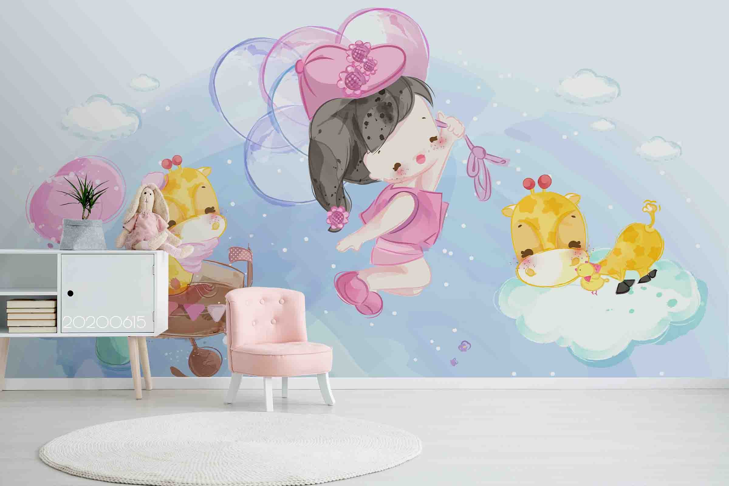 3D Watercolor Girl Balloon Animal  Wall Mural Wallpaper Lxl 24