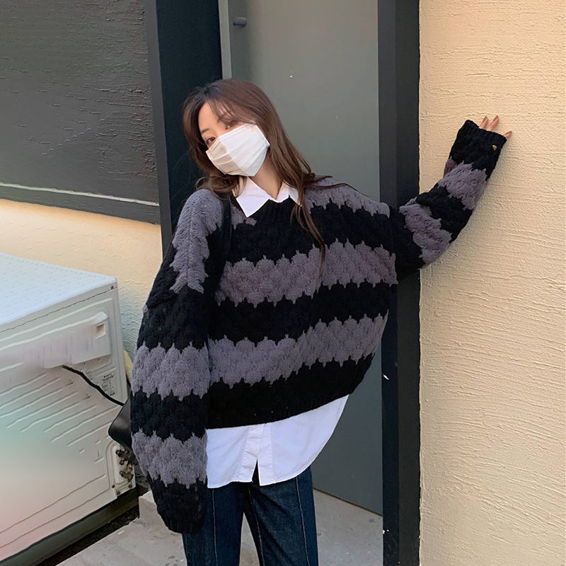 Striped Pullovers Women Preppy Round-neck Knitting Sweater Hollow Out Ropa Vintage Female New French Style Ulzzang Design Casual alx