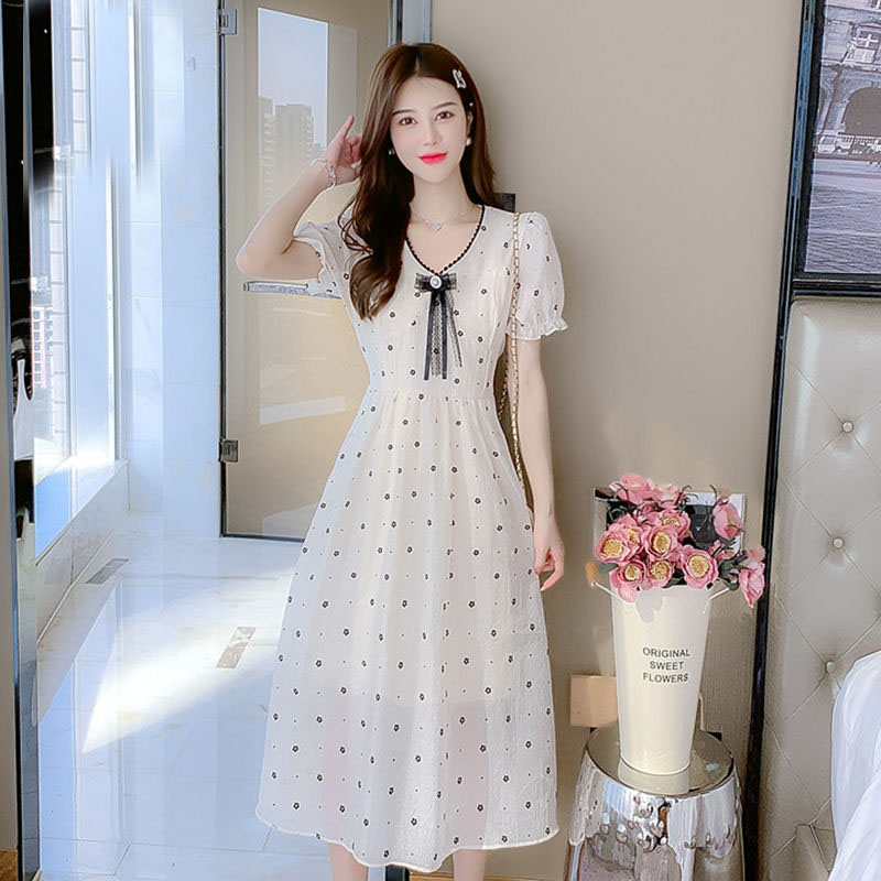 V-Neck Sweet Bow Chiffon Empire Mid-calf Dresses Floral Preppy Style Pullover 2022 Summer New Women’s Clothing Multi-element alx